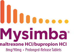 Mysimba® logo that has generic name (naltrexone HCl/bupropion HCl) under Mysimba®.  Below the drug name is 8 mg/90 mg - Extended-Release Tablets.