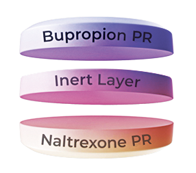 Layers Mysimba® (naltrexone HCl/bupropion HCl) weight loss pills target with bupropion SR, inner layer, and naltrexone SR
